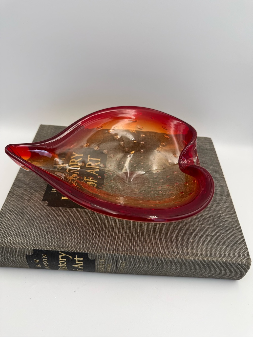 Vintage Art Glass Bowl with Controlled Bubbles Red-Amber Color